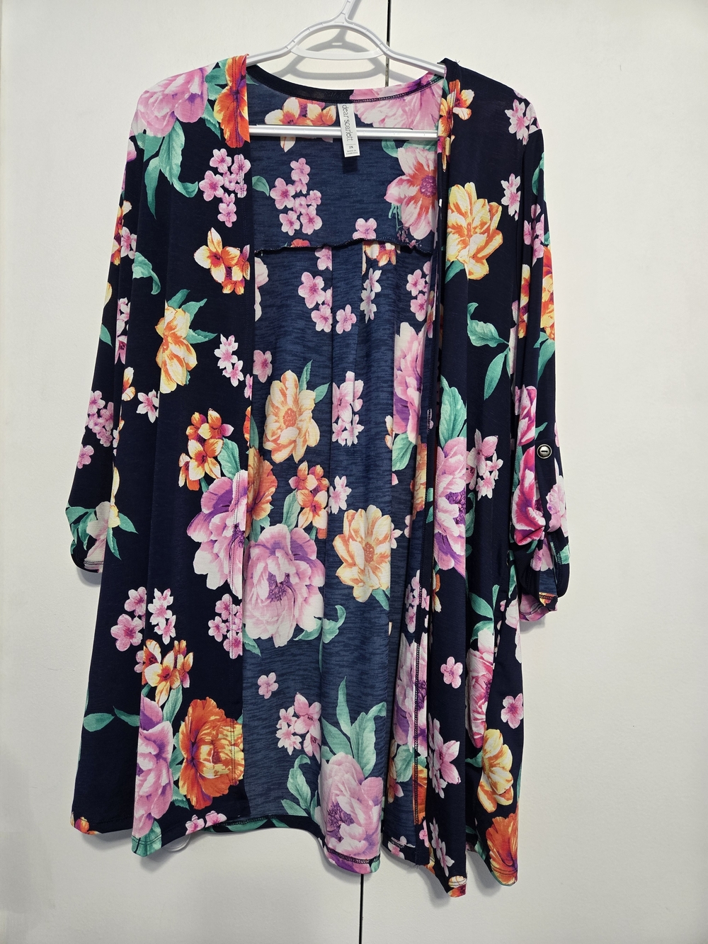Dear Scarlett Cardigan 2X Navy Floral Open Front Kimono Stretch Plus Size